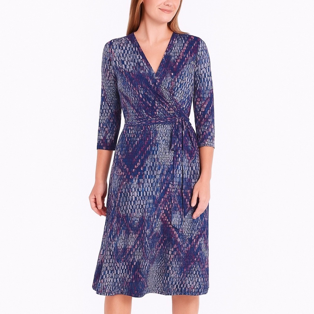 Kenneth‎ Cole New York Blue Purple Abstract Faux Wrap Dress XS 3/4 Sleeve Jersey